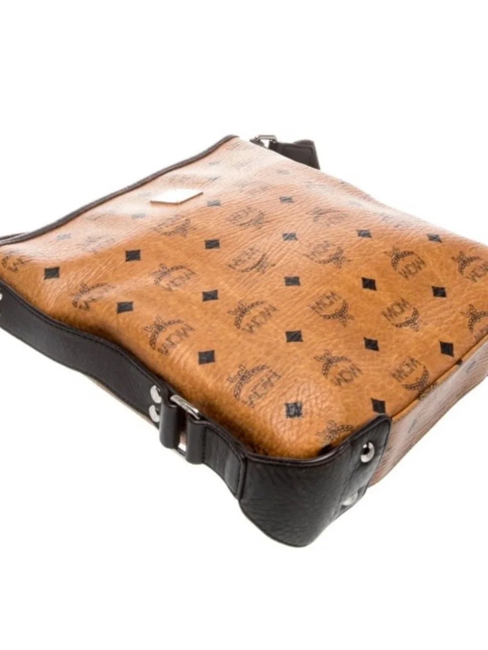 MCM Cognac Coated Canvas Messenger Bag with Black Strap unisex
